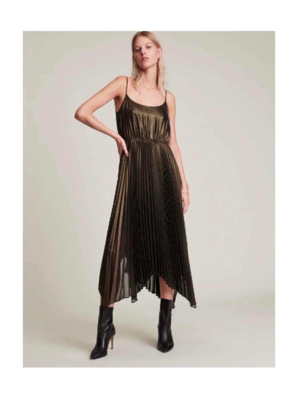 AllSaints gold Metallic Pleated High-Low Midi Dress